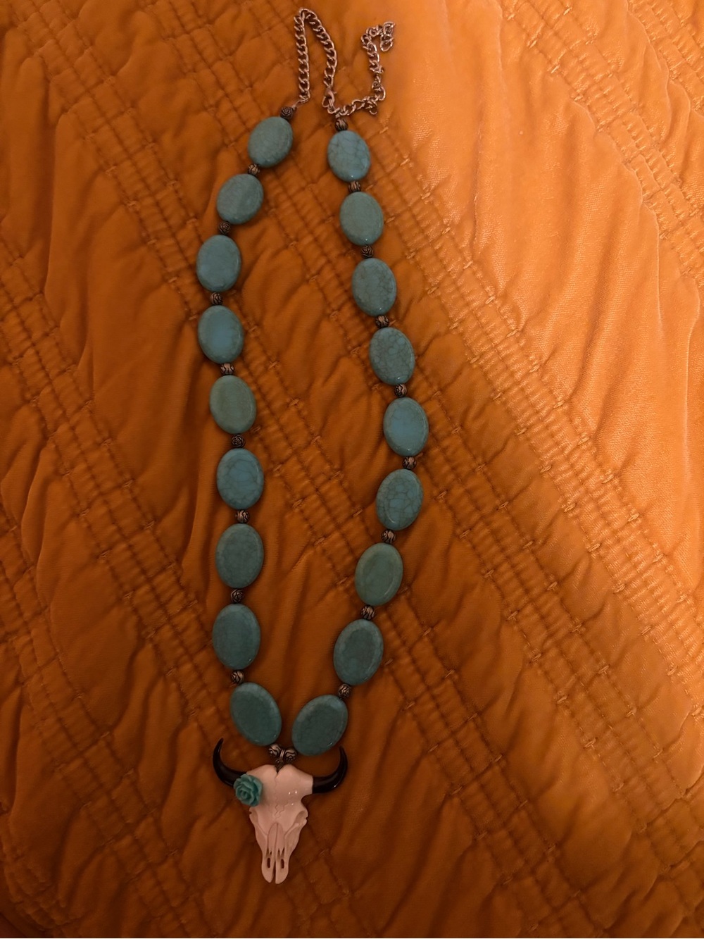 Hand Crafted Turquoise Bead Necklace with Bull Skull Pendant